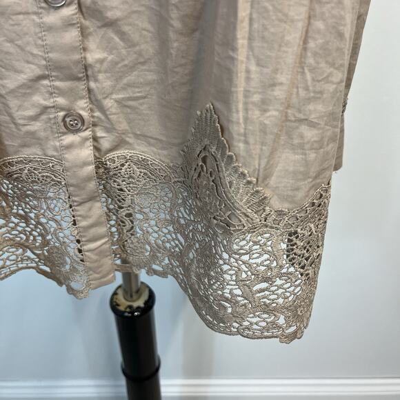 Alessa W. Collection Blouse Tunic Women's sz 10 Khaki Smocked Lace Peasant Boho - Picture 5 of 9